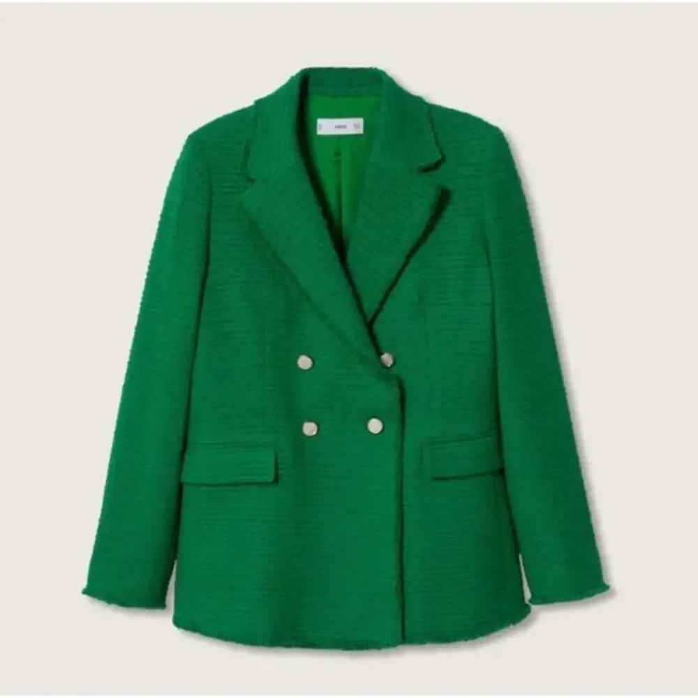 Mango Blazer XXL Tweed Double Breasted Fringe Green Office Work Meetings Retro - Picture 3 of 16